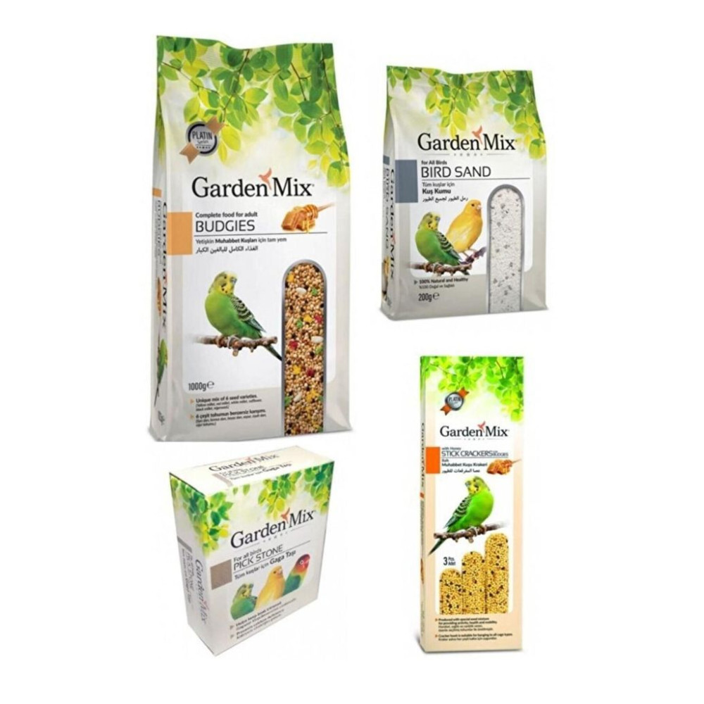 Gardenmix Muhabbet Kuşu Bakım Seti 4'lü Ballı Kuş Yemi 1 Kg - Gaga Taşı-ballı Kuş Krakeri-kuş Kumu ONPLKŞBS10, one size