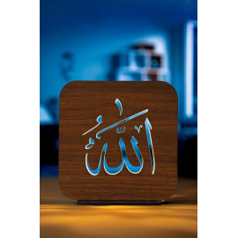 Ahşap Işıklı Çocuk Genç Yetişkin Odası Şık Tasarım Gece Lambası Ahşap Allah CC İsmi 